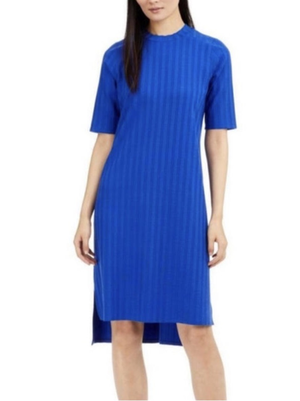 eileen fisher royal Blue Ribbed Short Sleeve Midi split hem Dress